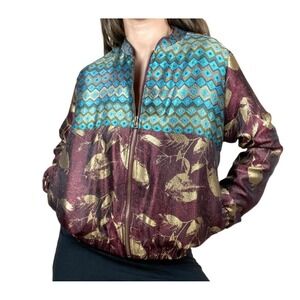 H&M Women Metallic Embroidered Bomber Jacket Zip Size 10 Maroon Gold Blue